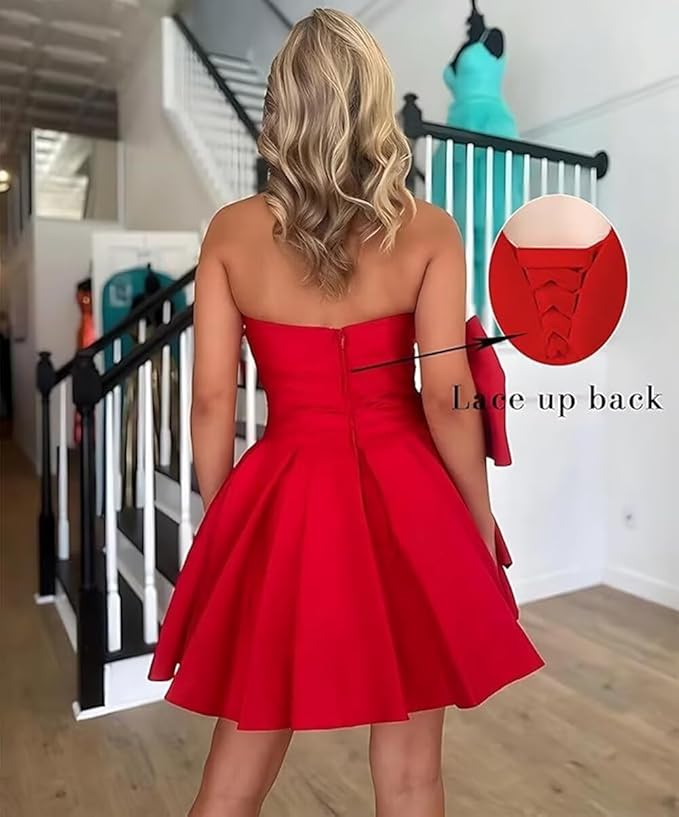 Vestidos de fiesta cortos y elegantes de corte A, sin mangas, sin tirantes, fruncidos, con cordones y lazo