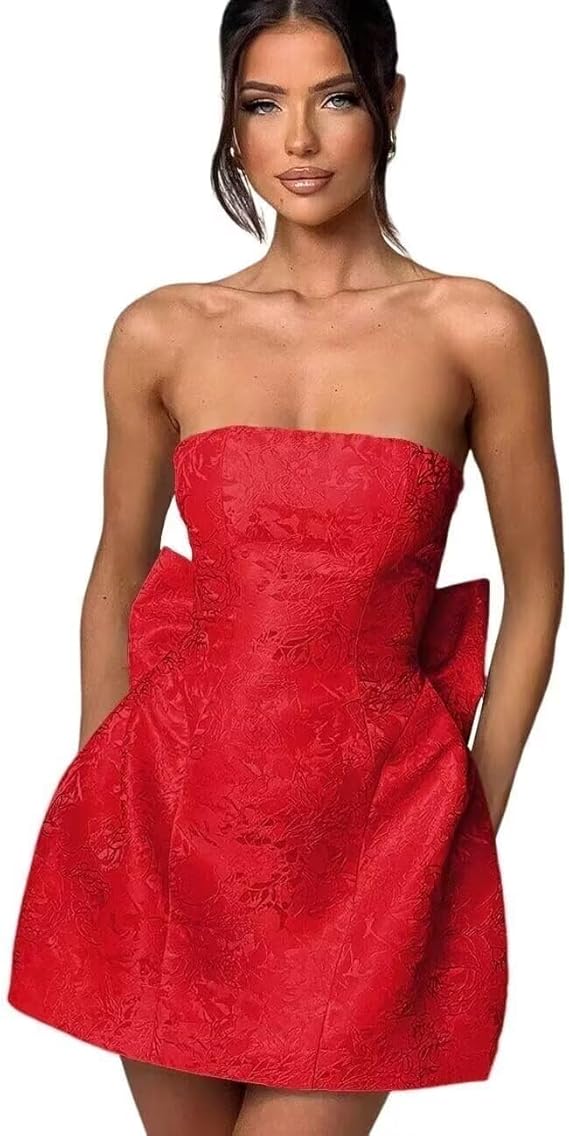 Trägerloses, kurzes Ballkleid für den Heimkehr, ärmelloses Partykleid aus Jacquard-Satin mit Schnürung und Schleife