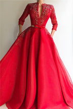 Rotes langes A-Linien-Ballkleid aus Tüll mit tiefem V-Ausschnitt und Ärmeln