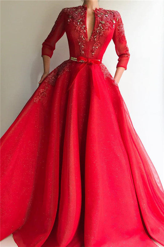 Rotes langes A-Linien-Ballkleid aus Tüll mit tiefem V-Ausschnitt und Ärmeln