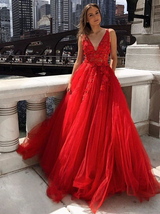 Rotes langes rückenfreies A-Linien-Ballkleid mit V-Ausschnitt und Tüllspitze und Taschen