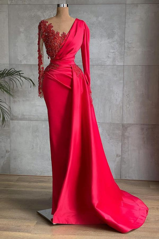Rotes langes Meerjungfrau-Ballkleid aus Satin mit Ärmeln