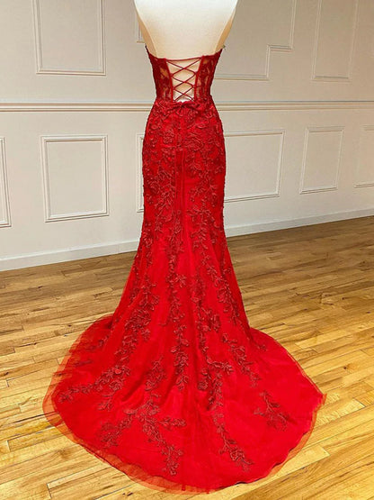 Red Long Mermaid Sweetheart Open Back Lace Prom Dresses with Train