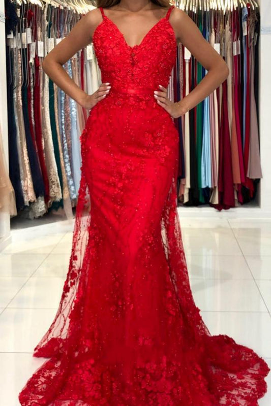 Rotes langes Meerjungfrau-Ballkleid mit V-Ausschnitt und Spaghettiträgern, rückenfrei, Spitze