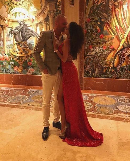 Red Long V-neck Sequin Backless Mermaid Prom Dress with Slit