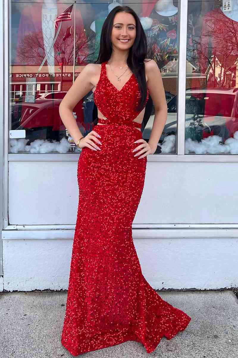 Rotes rückenfreies langes Ballkleid im Meerjungfrau-Stil mit V-Ausschnitt und Pailletten