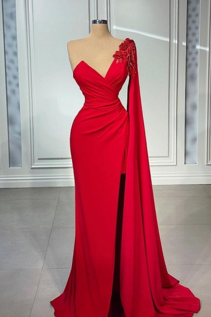 Rotes One-Shoulder-Ärmelloses Meerjungfrau-Satin-Ballkleid in Bodenlänge mit Rüschen
