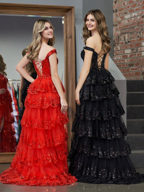 A Line Off the Shoulder Corset Prom Dress with Lace Ruffles