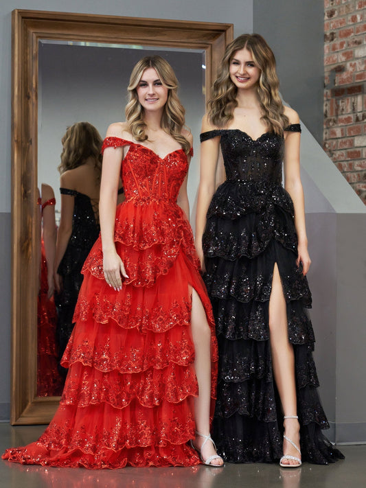 A Line Off the Shoulder Corset Prom Dress with Lace Ruffles