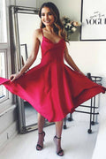 Vestido de fiesta de satén rojo con tirantes finos y espalda cruzada hasta la rodilla PD307