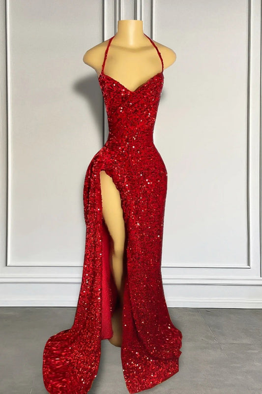 Rotes Pailletten-Ballkleid mit Schlitz, glänzendes bodenlanges Partykleid