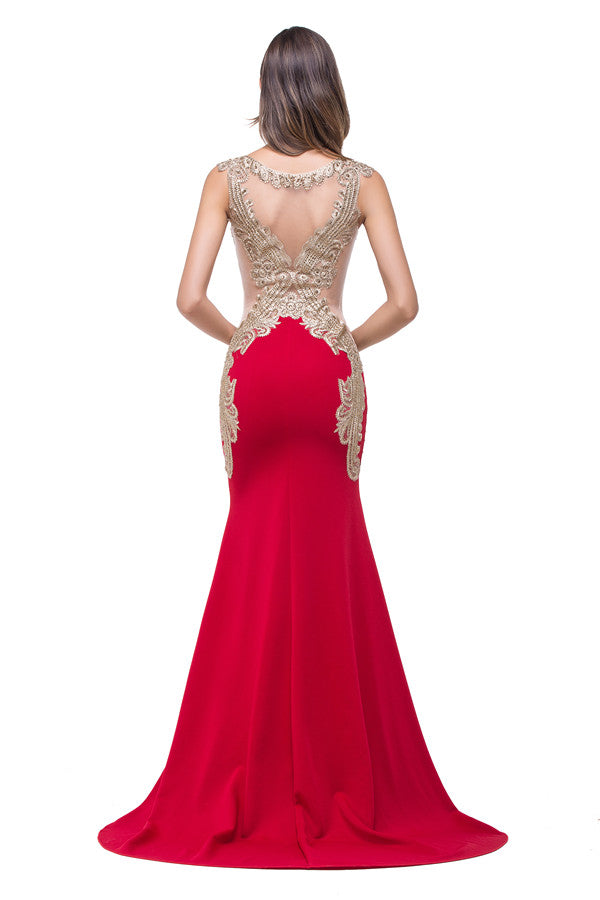 Red V-Neck Mermaid Sweep-length Appliques Formal Dresses