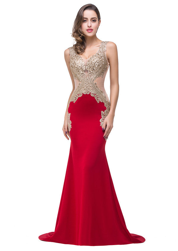 Red V-Neck Mermaid Sweep-length Appliques Formal Dresses