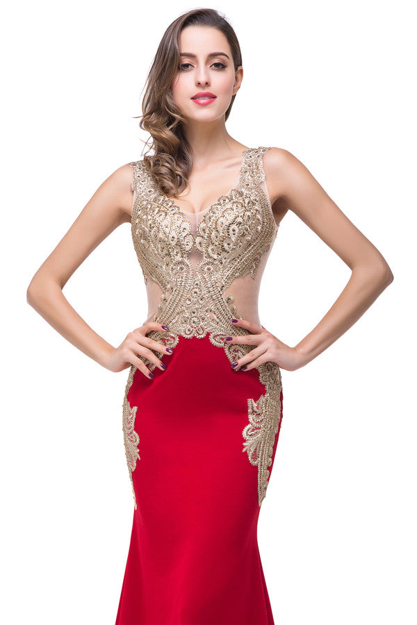 Red V-Neck Mermaid Sweep-length Appliques Formal Dresses