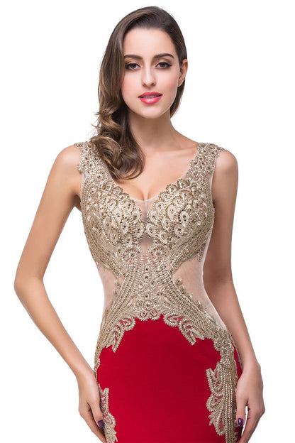 Red V-Neck Mermaid Sweep-length Appliques Formal Dresses