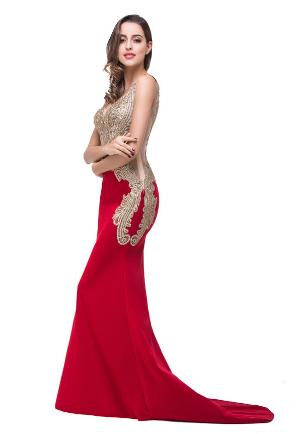 Red V-Neck Mermaid Sweep-length Appliques Formal Dresses