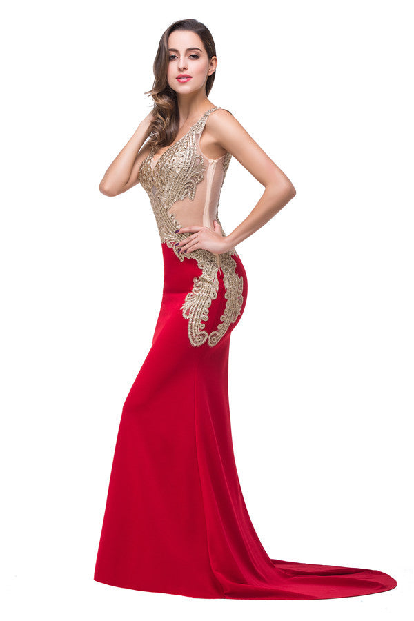 Red V-Neck Mermaid Sweep-length Appliques Formal Dresses