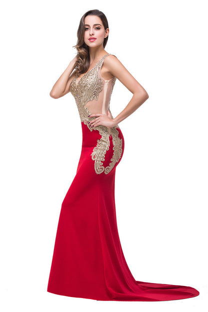 Red V-Neck Mermaid Sweep-length Appliques Formal Dresses