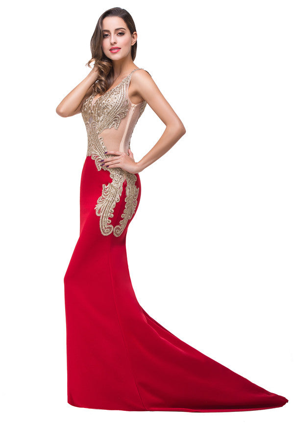 Red V-Neck Mermaid Sweep-length Appliques Formal Dresses