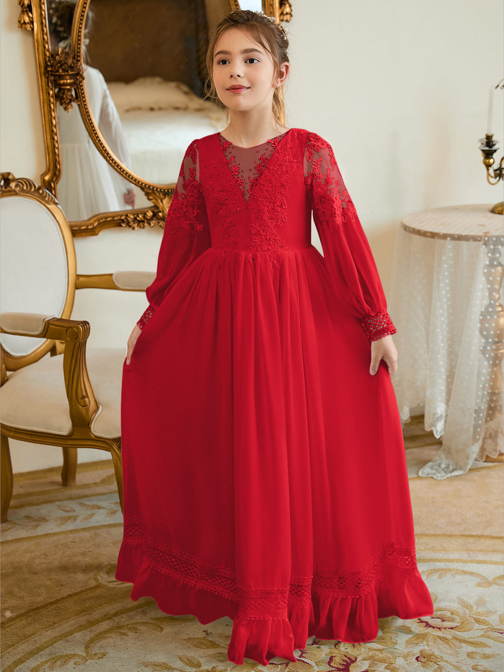 Bodenlanges Chiffon-Kleid in A-Linie und Elfenbein für die Erstkommunion 