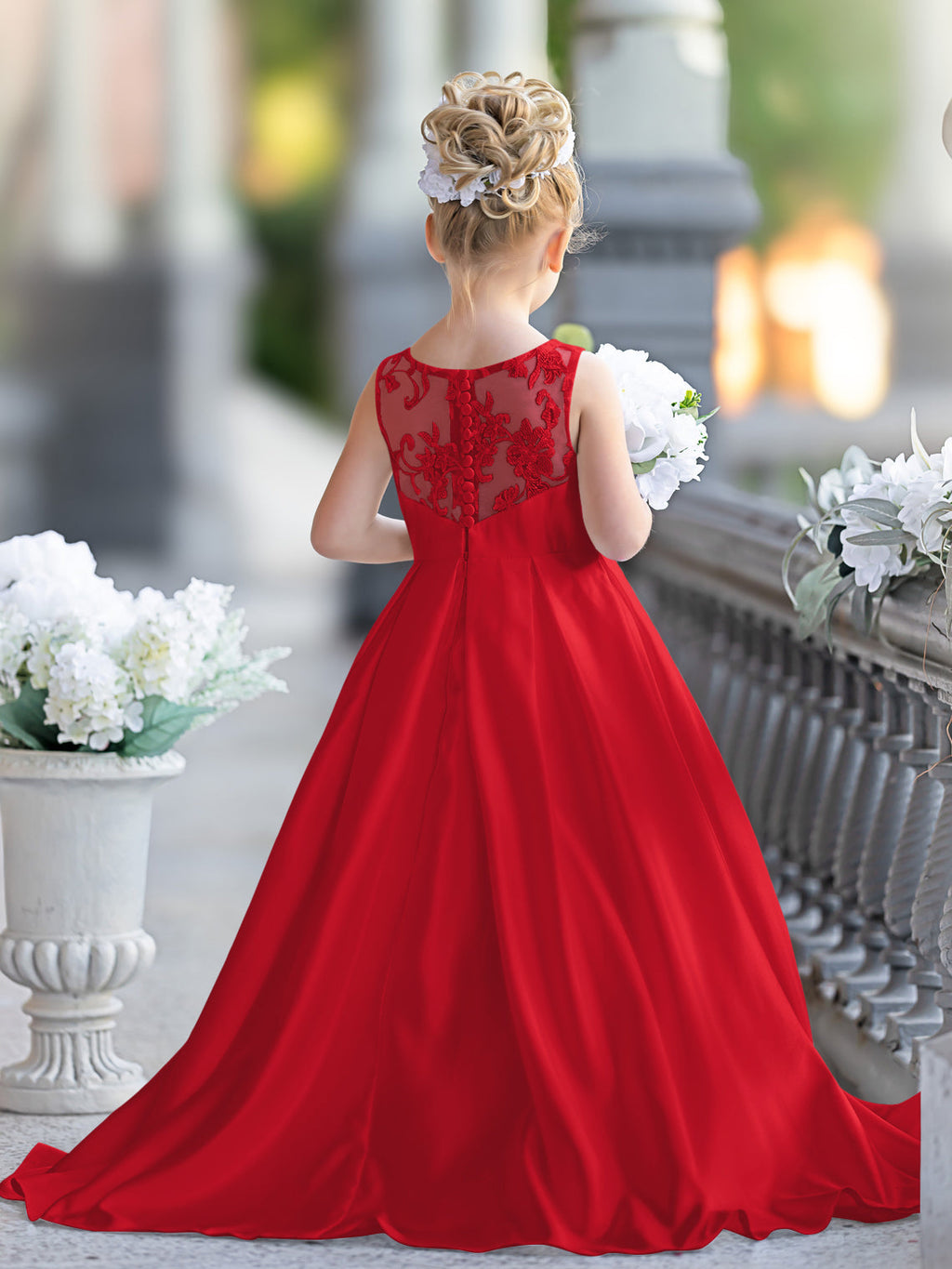 A-Linie Spitze Satin Bodenlang Erstkommunionkleid für Blumenmädchen 