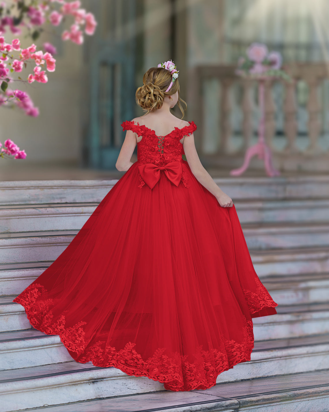 Vestido de fiesta/princesa de encaje con cola larga, color rosa, para cumpleaños