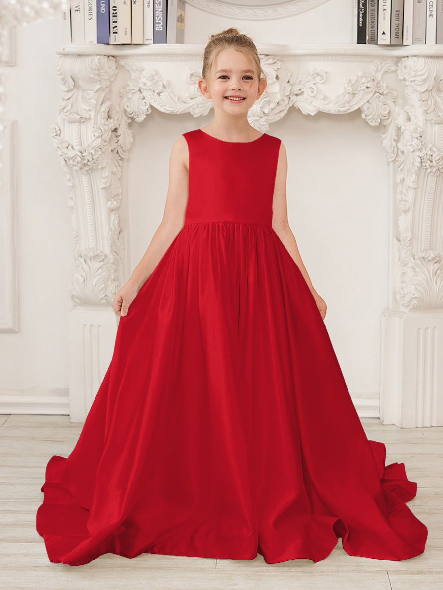 A-Line Princess Sleeveless Satin Flower Girl Dress with Sweep Train and Bow