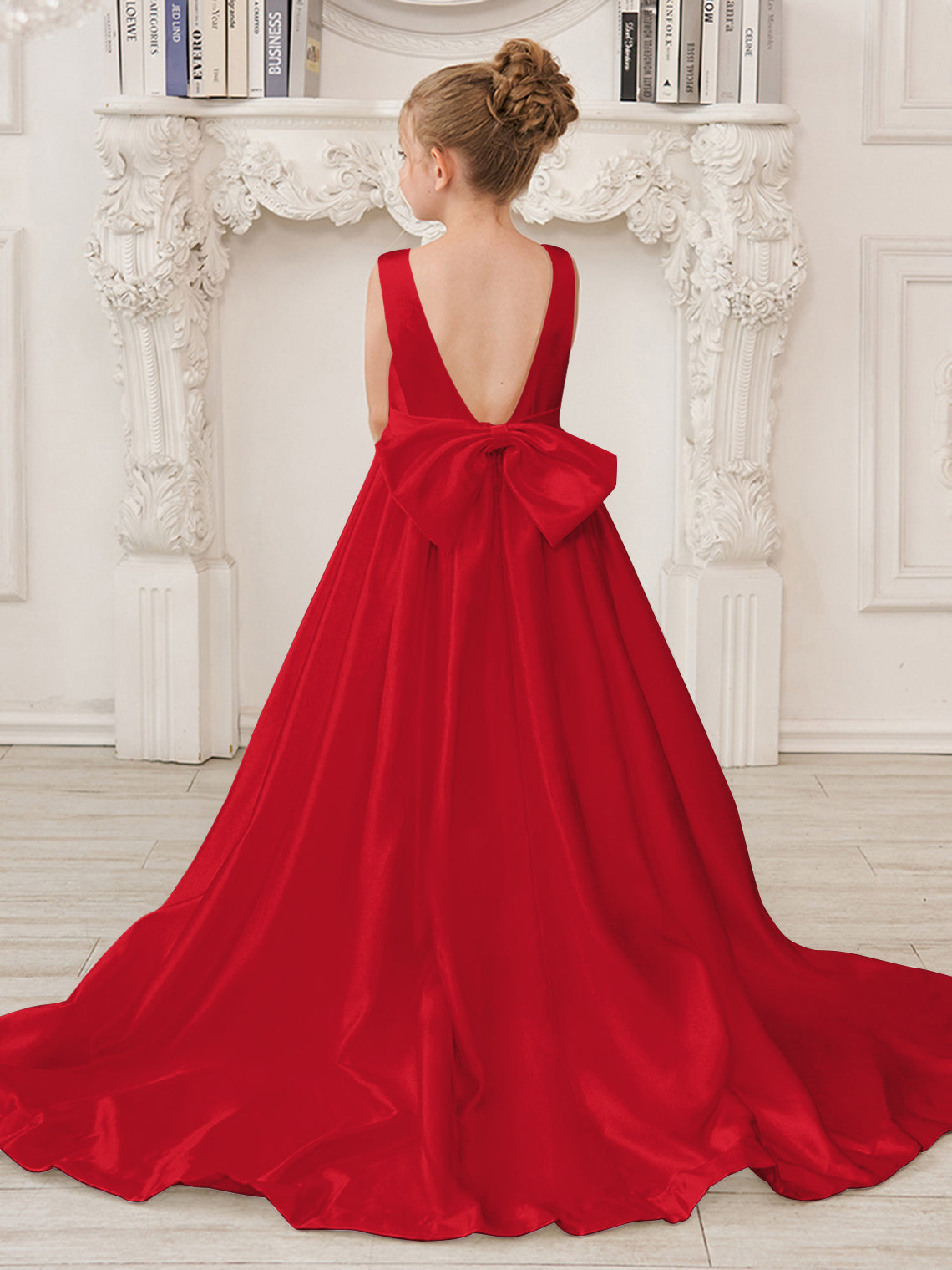 A-Line Princess Sleeveless Satin Flower Girl Dress with Sweep Train and Bow