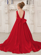 A-Linie Prinzessin Ärmelloses Satin Blumenmädchenkleid mit Schleppe und Schleife 