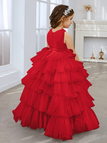 Vestido de fiesta/princesa rosa perla sin mangas con lazo de tul para niña de las flores