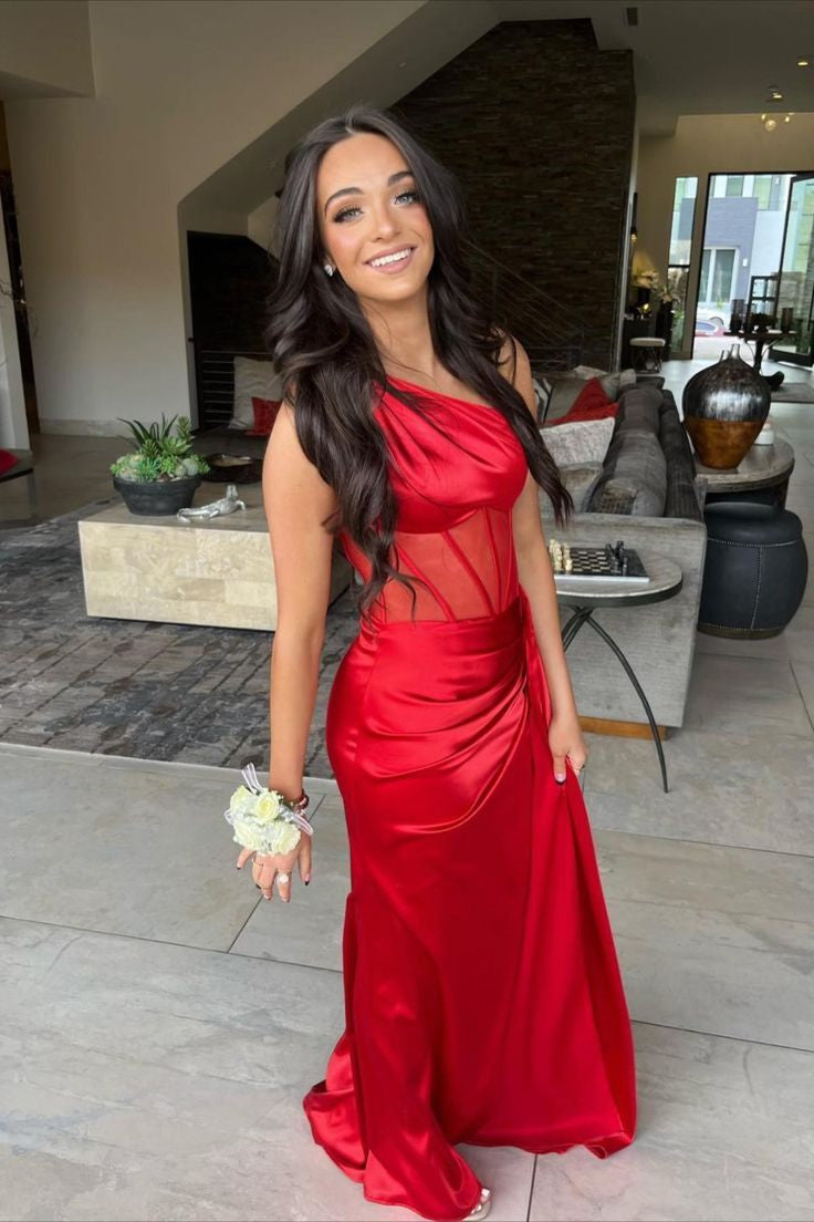 Valerie | Langes Ballkleid aus Satin mit One-Shoulder-Träger und Plissee
