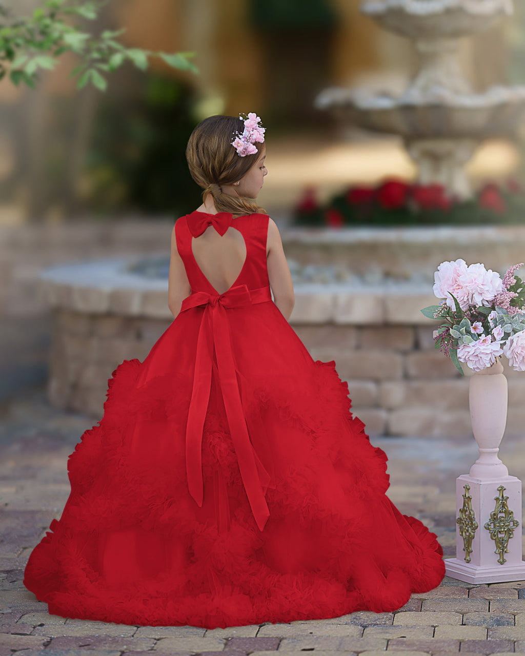 A-Linie Satin Tüll Bodenlang Kaskadierende Rüschen Blumenmädchenkleid
