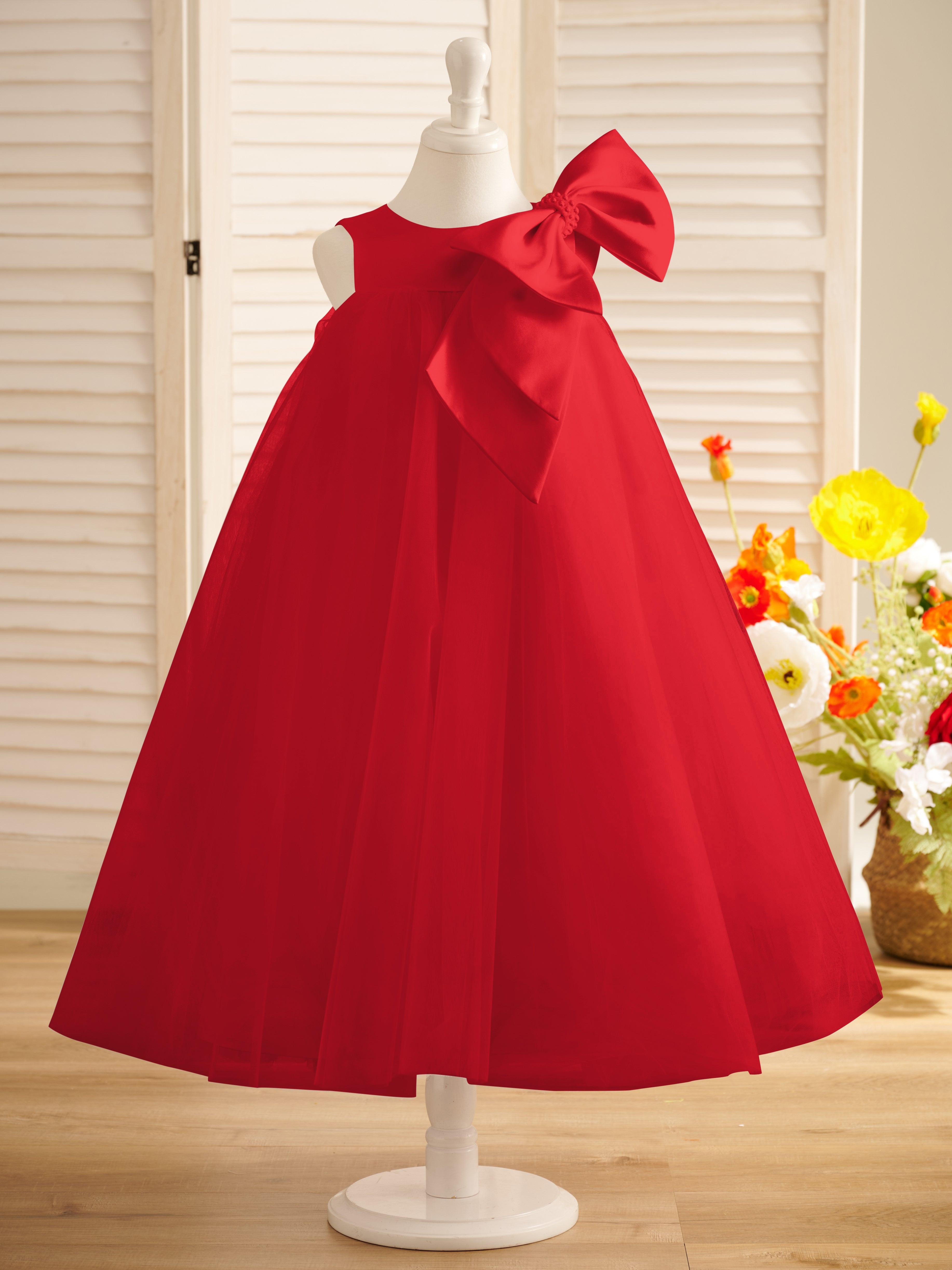 A-Linien-Kleid mit großer Schleife und Tüll in Wadenlänge für Blumenmädchen