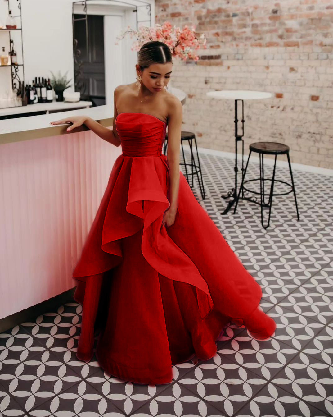 Elisa | Vestido de fiesta de organza rosa claro, corte A, sin tirantes