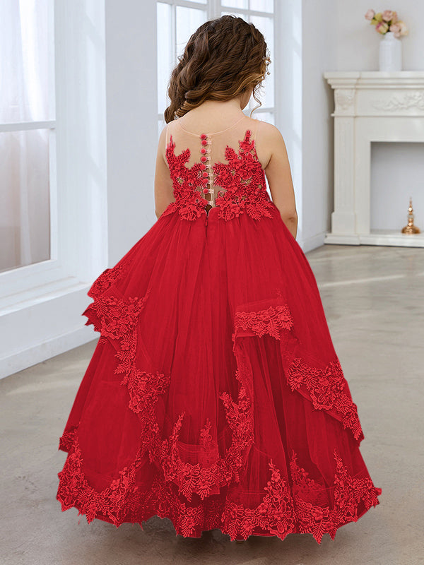 Vestido de princesa de tul sin mangas con apliques de encaje y cola larga para niñas