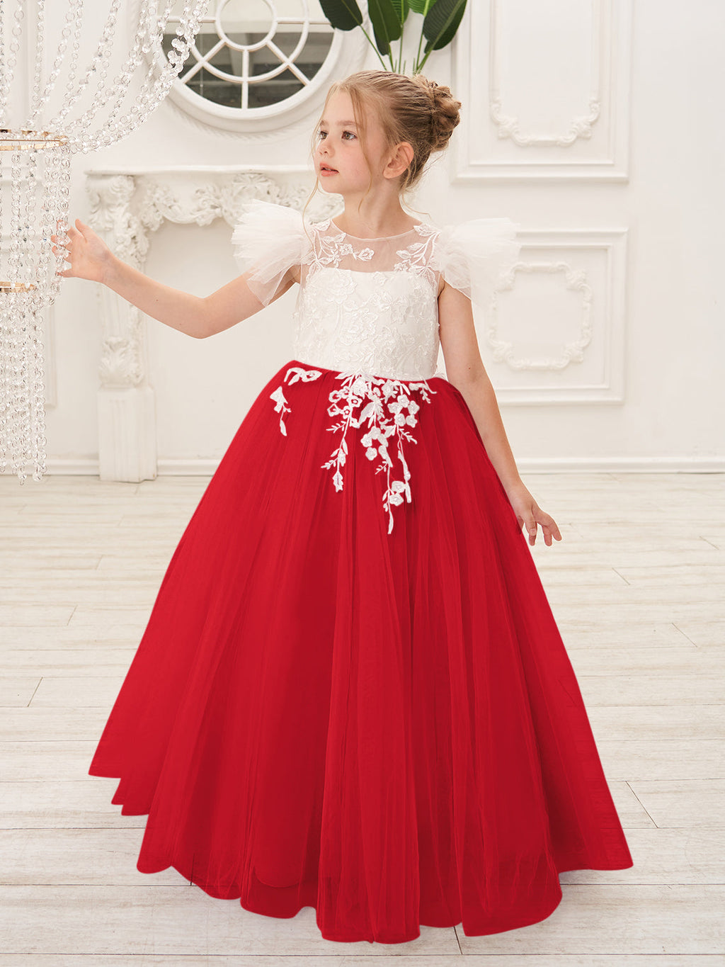 Abnehmbares Blumenmädchenkleid aus Spitze und Tüll mit Schleppe 