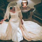 Retro Off-the-Shoulder Mermaid Wedding Dress with Overskirt