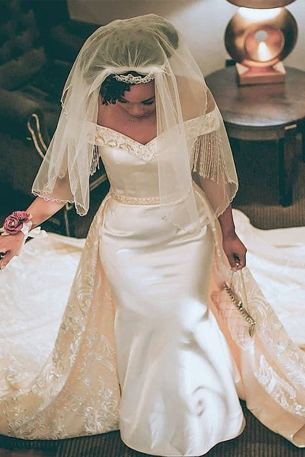 Retro Off-the-Shoulder Mermaid Wedding Dress with Overskirt