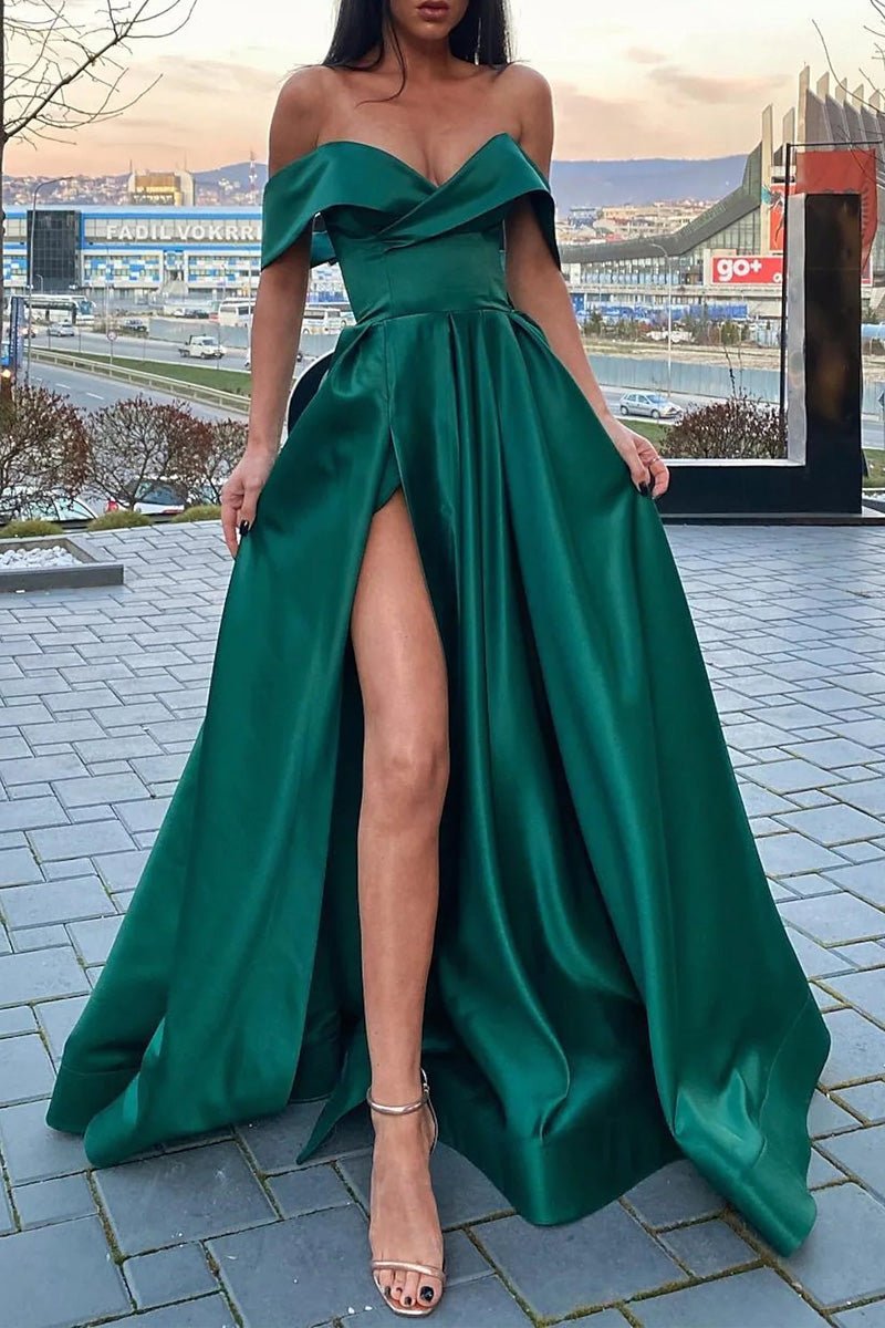 Marina | A-Linie Ballkleider Promi-Stil Kleid Weihnachten Bodenlang Kurzarm V-Ausschnitt Satin mit Schlitz