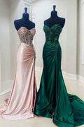 Rodina | Cut Glass Mirror Rhinestone Corset Long Evening Dress with Slit