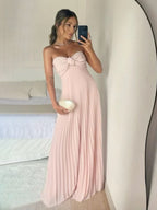 Rodri | Vestido de fiesta largo de gasa rosa claro sin tirantes y corte A