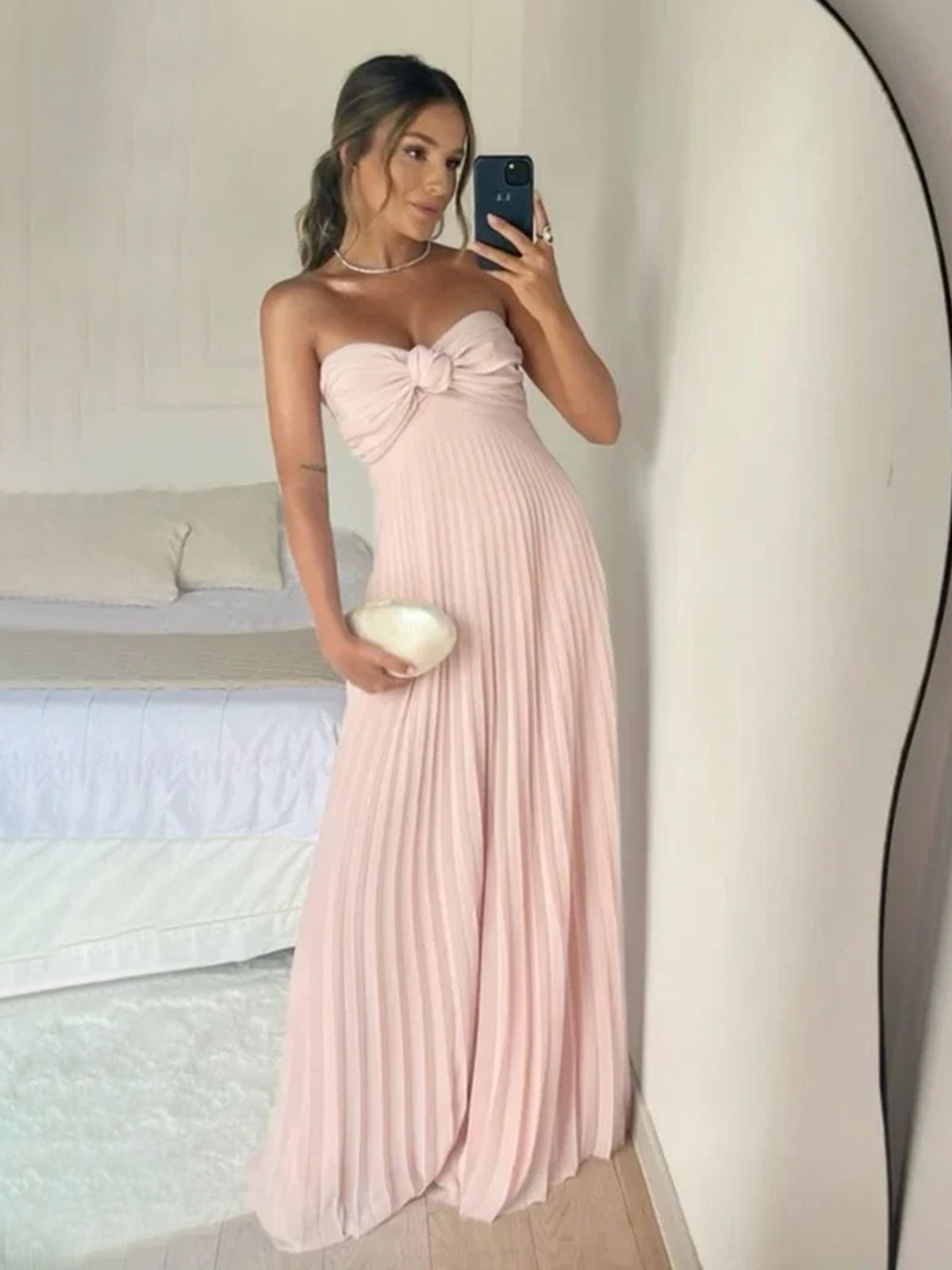 Rodri | A Line Light Pink Strapless Chiffon Long Prom Dress