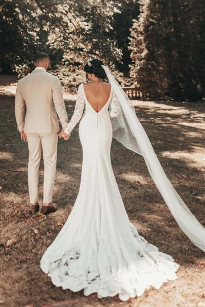 Vestidos de novia románticos de sirena con mangas largas y espalda descubierta