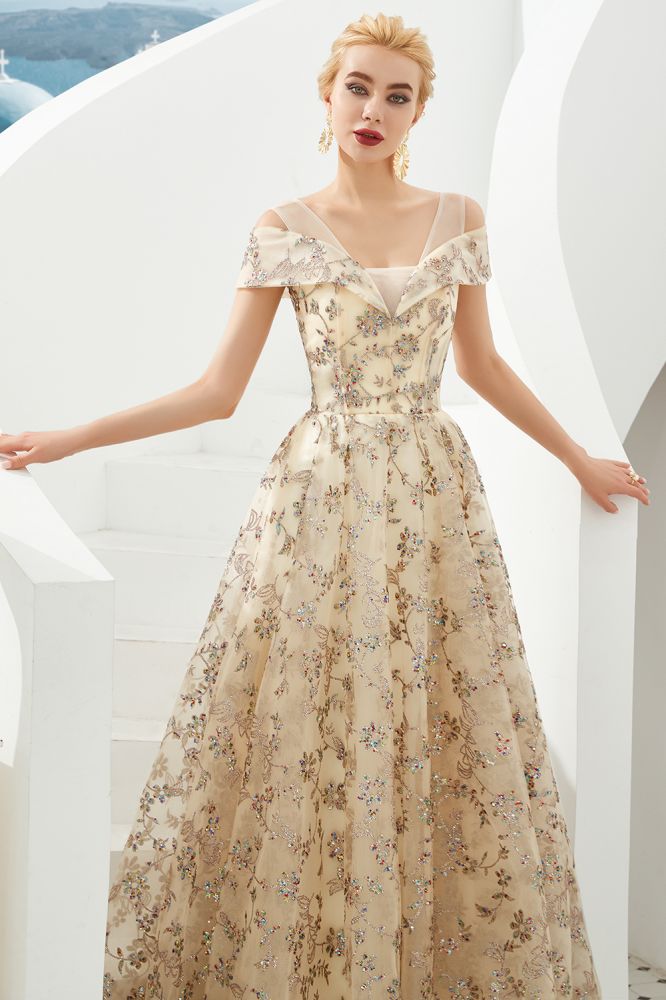Romantic Floral Short Sleeves aline Spring Evening Party Dress Floor Length Dancing Dress