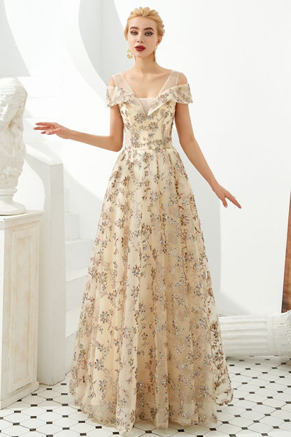 Romantic Floral Short Sleeves aline Spring Evening Party Dress Floor Length Dancing Dress