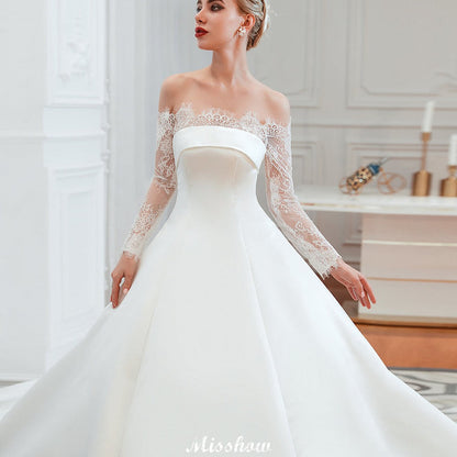 Romantic Lace Princess Satin Wedding Dress| Aline Bridal Gown with Cathedral Train