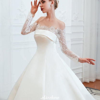 Romantic Lace Princess Satin Wedding Dress| Aline Bridal Gown with Cathedral Train