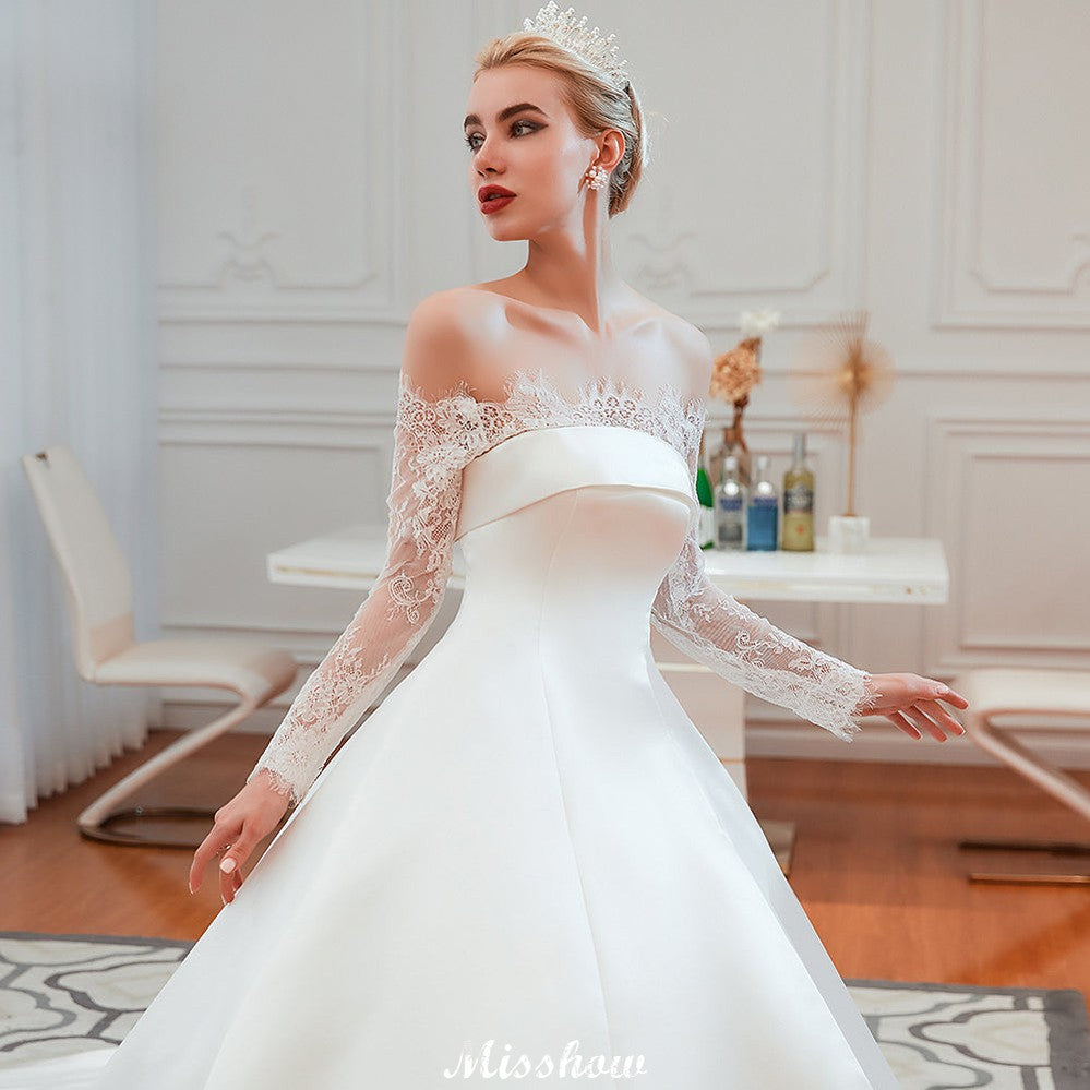 Romantic Lace Princess Satin Wedding Dress| Aline Bridal Gown with Cathedral Train