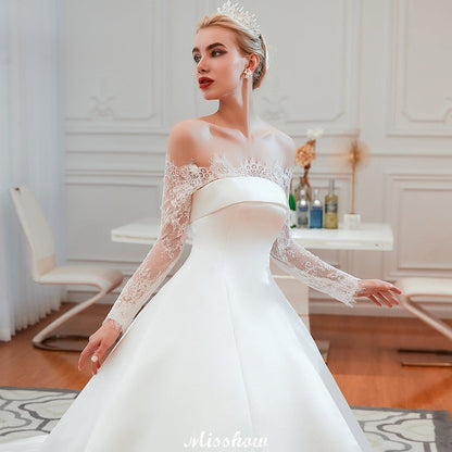 Romantic Lace Princess Satin Wedding Dress| Aline Bridal Gown with Cathedral Train