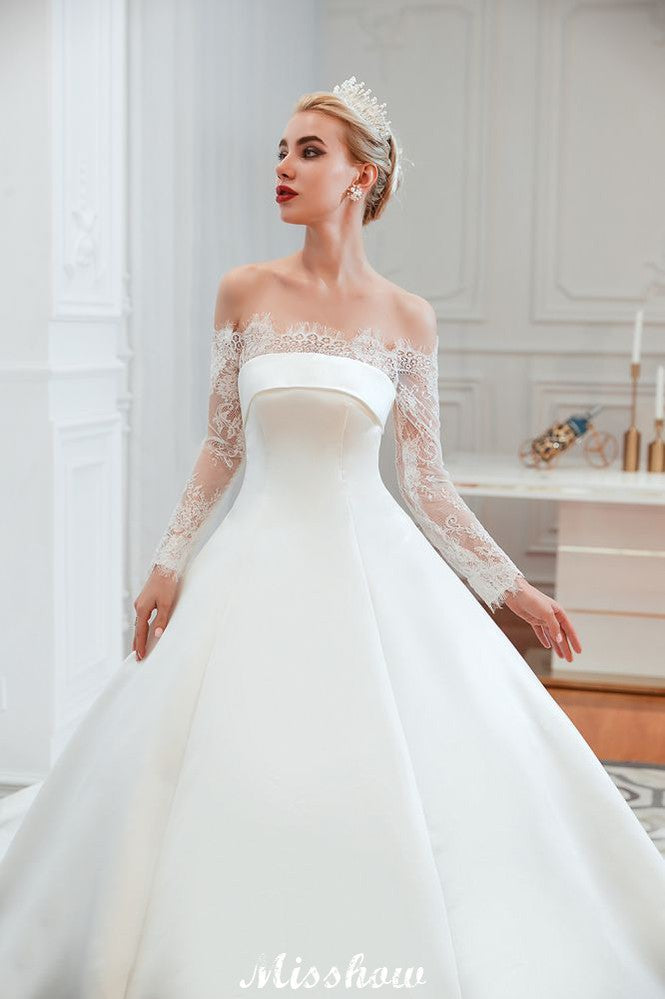 Romantic Lace Princess Satin Wedding Dress| Aline Bridal Gown with Cathedral Train